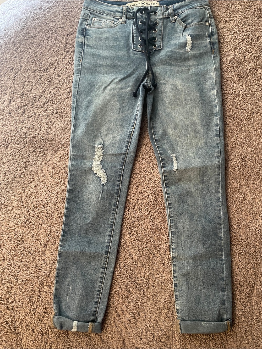 Ashley Mason Lace-Up Distressed Boyfriend Jeans in Faded Blue